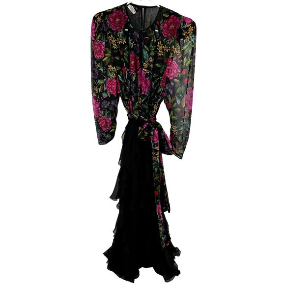 Vintage Diane Freis Floral Maxi Dress Tiered Tie Waist 100% Silk Pink Black L - Picture 1 of 6